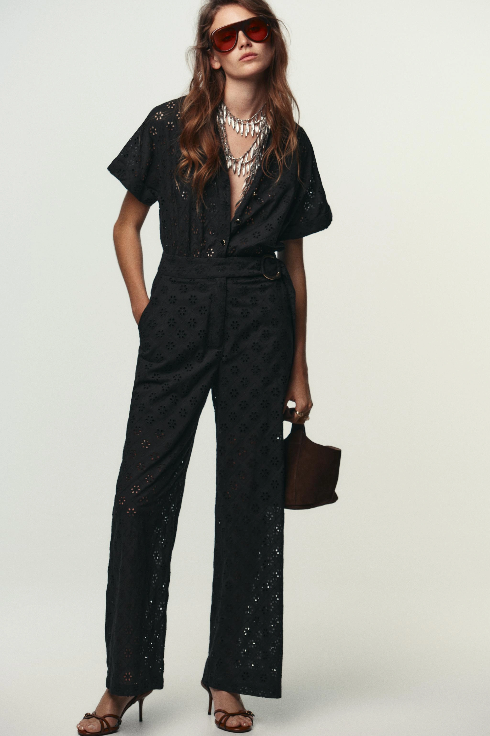 CUTWORK EMBROIDERY BUCKLE JUMPSUIT