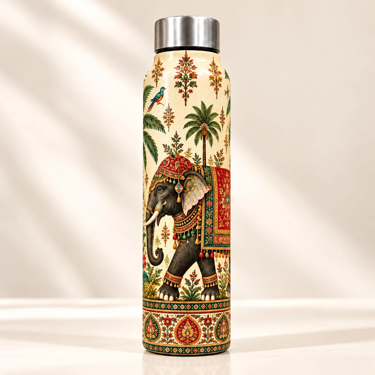 UNIQUE TOHFAA Elephant Printed Water Bottle, Traditional Indian Art Design with Decorative Elephant and Floral Patterns, Reusable Drinking Bottle for Office, School, College and Travel