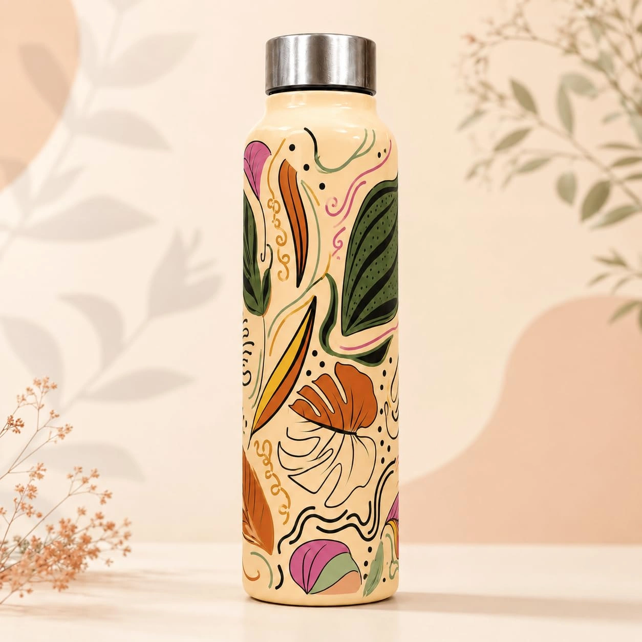 UNIQUE TOHFA | Unique Design Printed Stainless Steel Water Bottle 1000ml (Aesthetic Botanical)