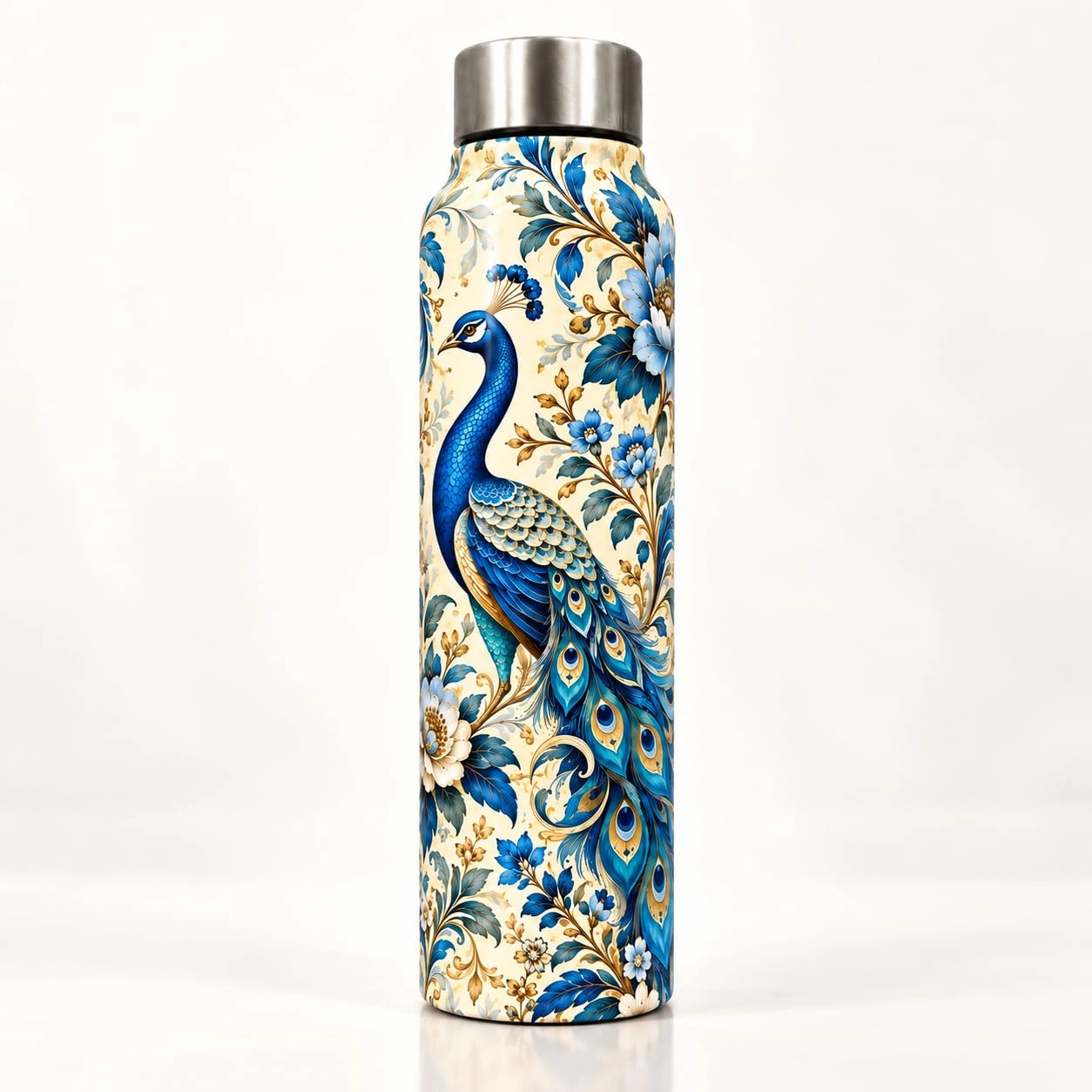 UNIQUE TOHFAA Peacock Printed Water Bottle, Blue Floral Art Design, Reusable Drinking Bottle with Metallic Cap for Office, School, College, Travel and Daily Use