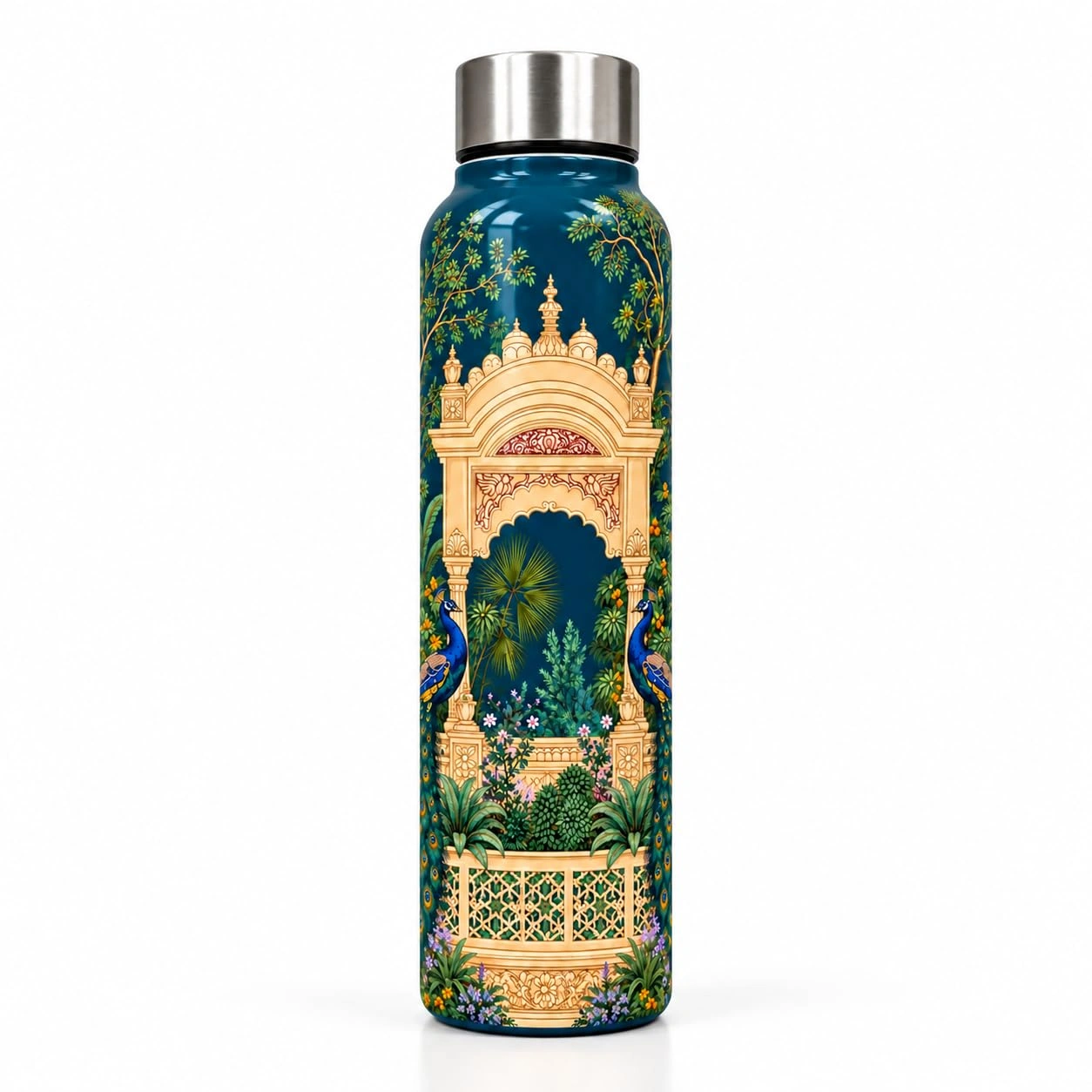 UNIQUE TOHFAA Peacock Printed Water Bottle, Royal Teal Garden and Golden Palace Arch Design, Decorative Reusable Drinking Bottle for Office, School, College, Travel and Gifting