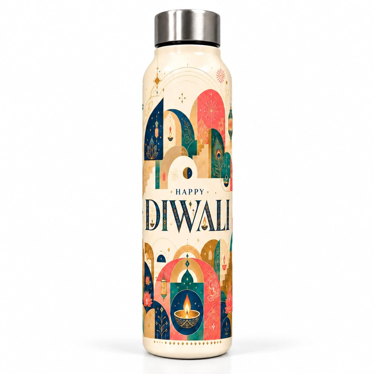 UNIQUE TOHFAA Happy Diwali Printed Water Bottle, Modern Geometric Diya and Lantern Design, Reusable Drinking Bottle for Diwali Gifts, Office, College, Travel and Daily Use