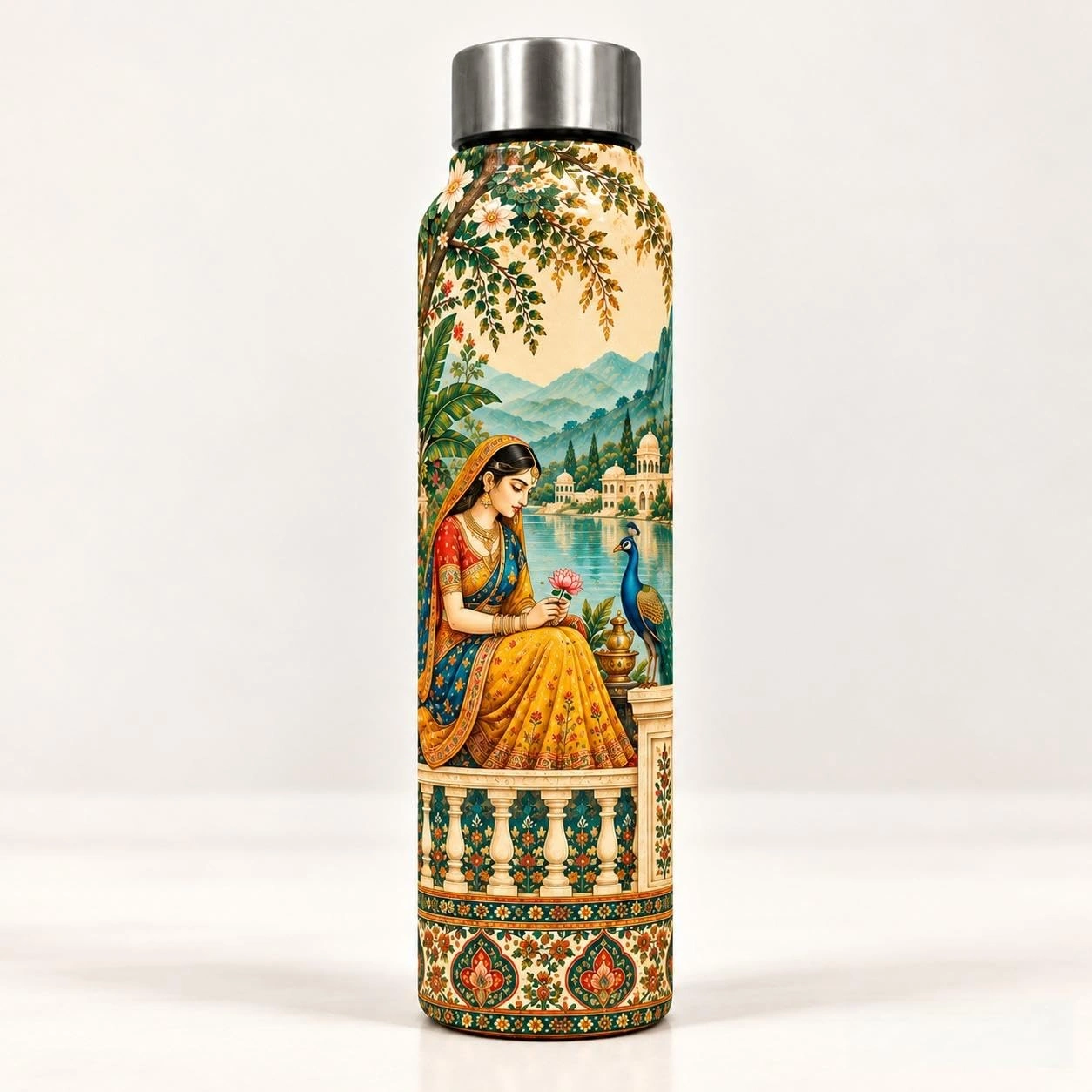 UNIQUE TOHFAA Traditional Indian Art Printed Water Bottle, Royal Woman and Peacock Design with Palace Scenery, Decorative Reusable Drinking Bottle for Office, College and Travel