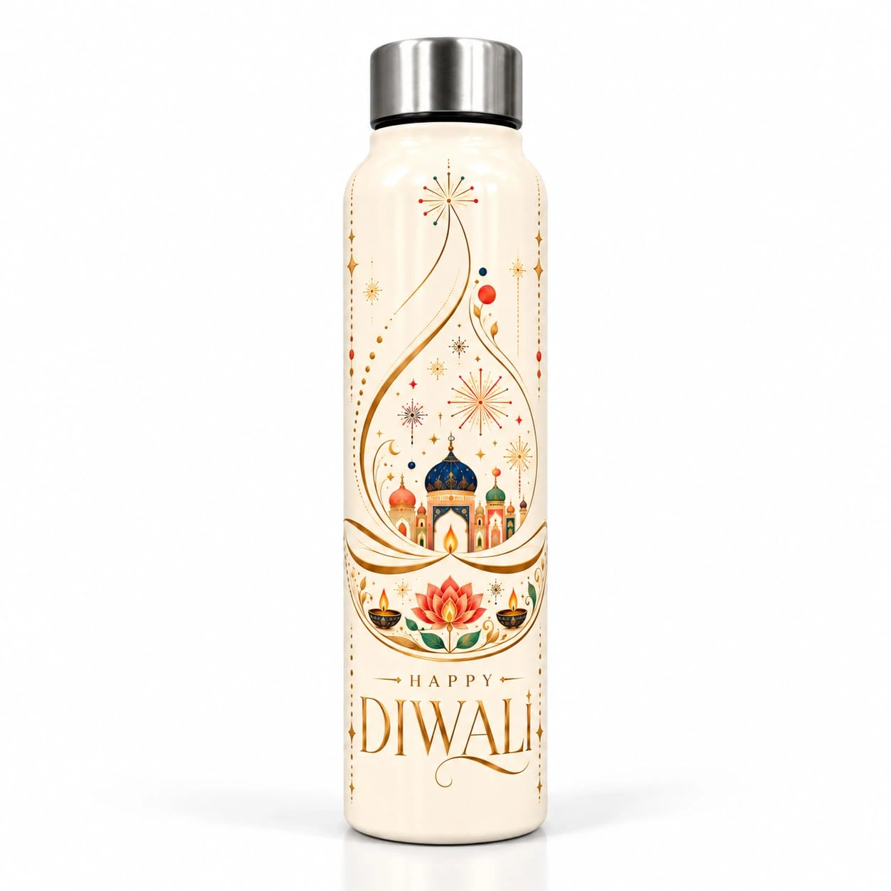 UNIQUE TOHFAA Happy Diwali Printed Water Bottle, Elegant Diya and Lotus Floral Design, Festive Reusable Drinking Bottle for Diwali Gifting, Office, College and Daily Use