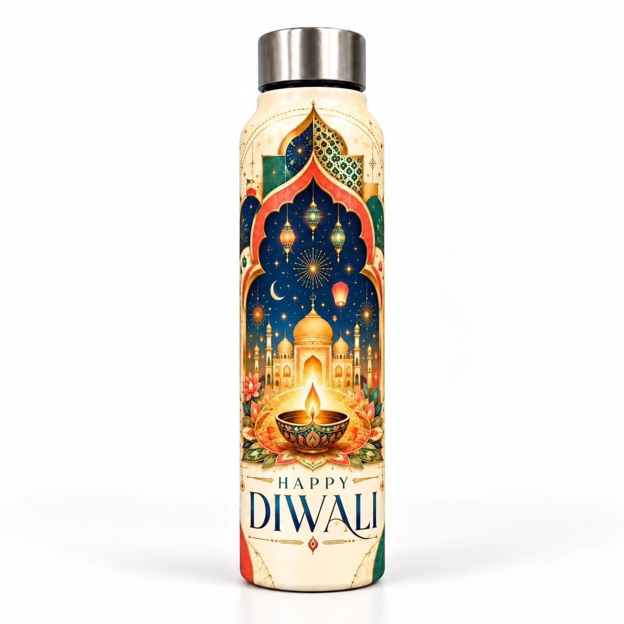 UNIQUE TOHFAA Happy Diwali Printed Water Bottle, Festive Diya and Golden Palace Design, Reusable Drinking Bottle for Diwali Gifts, Festivals, Office, College and Daily Use