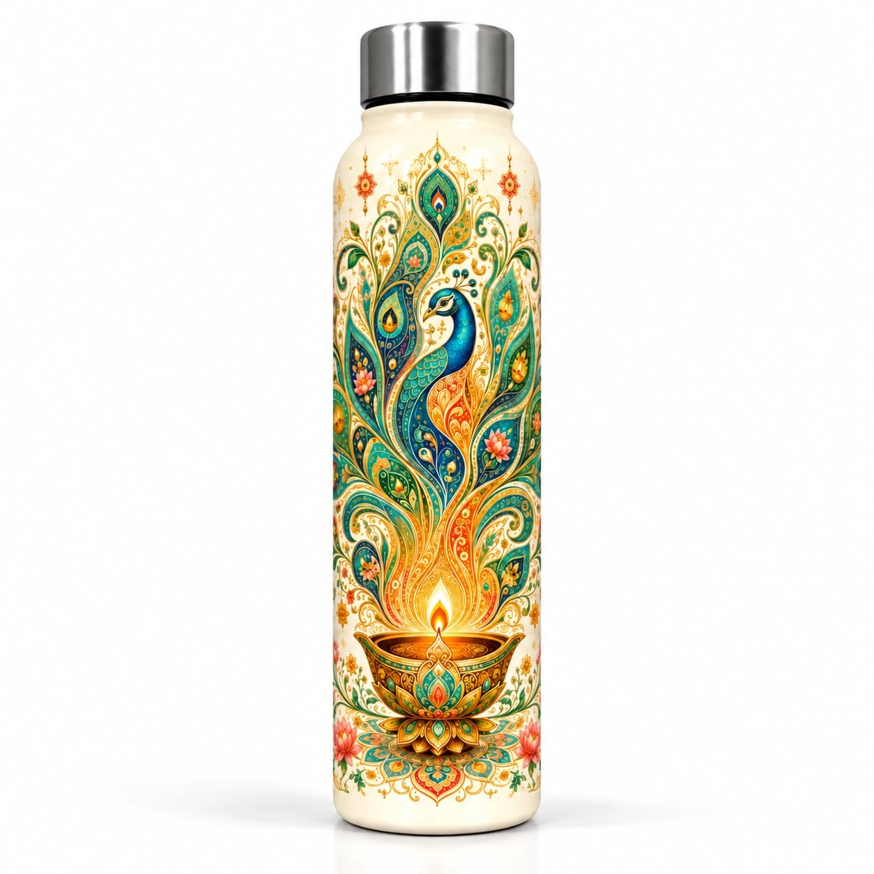 UNIQUE TOHFAA Peacock Printed Water Bottle, Traditional Diya and Floral Art Design, Blue Green and Gold Decorative Reusable Drinking Bottle for Office, College, Travel and Festive Gifting