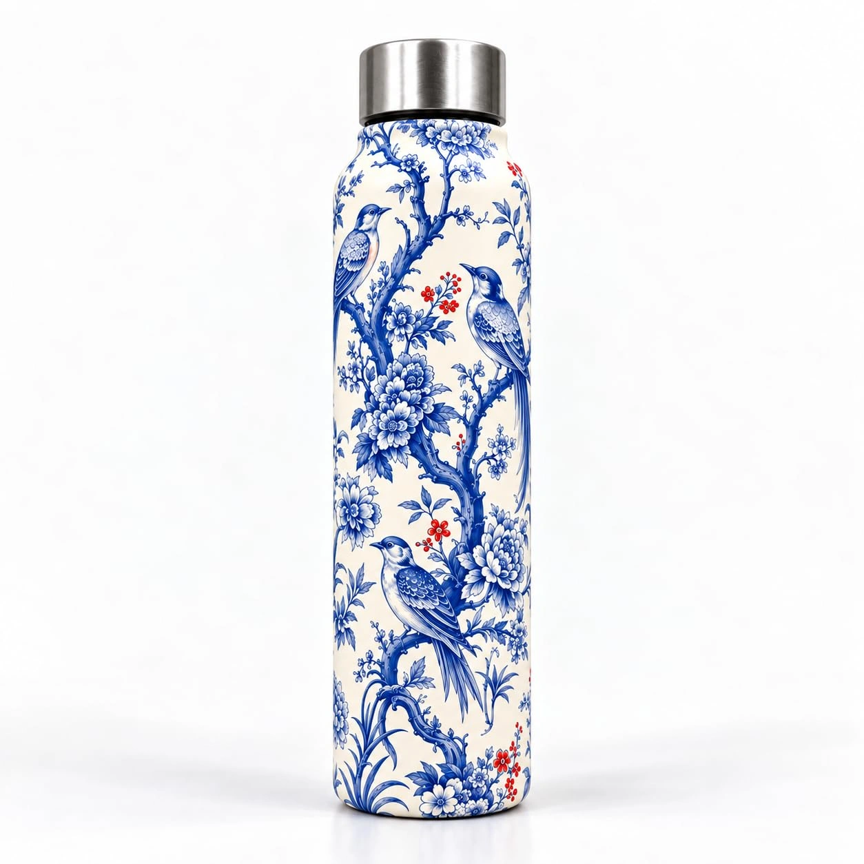 UNIQUE TOHFAA Bird Printed Water Bottle, Blue and White Floral Branch Design with Red Flower Accents, Reusable Drinking Bottle for Office, School, College, Travel and Daily Use