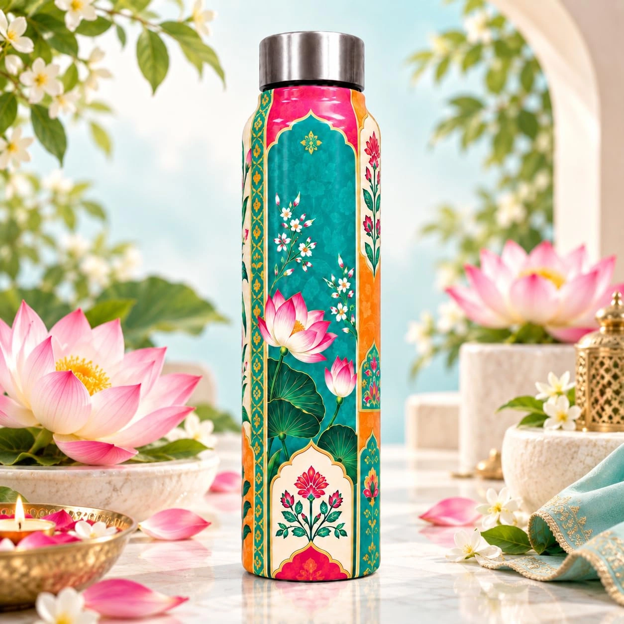 UNIQUE TOHFA | Unique Design Printed Stainless Steel Water Bottle 1000ml (Lotus Floral)