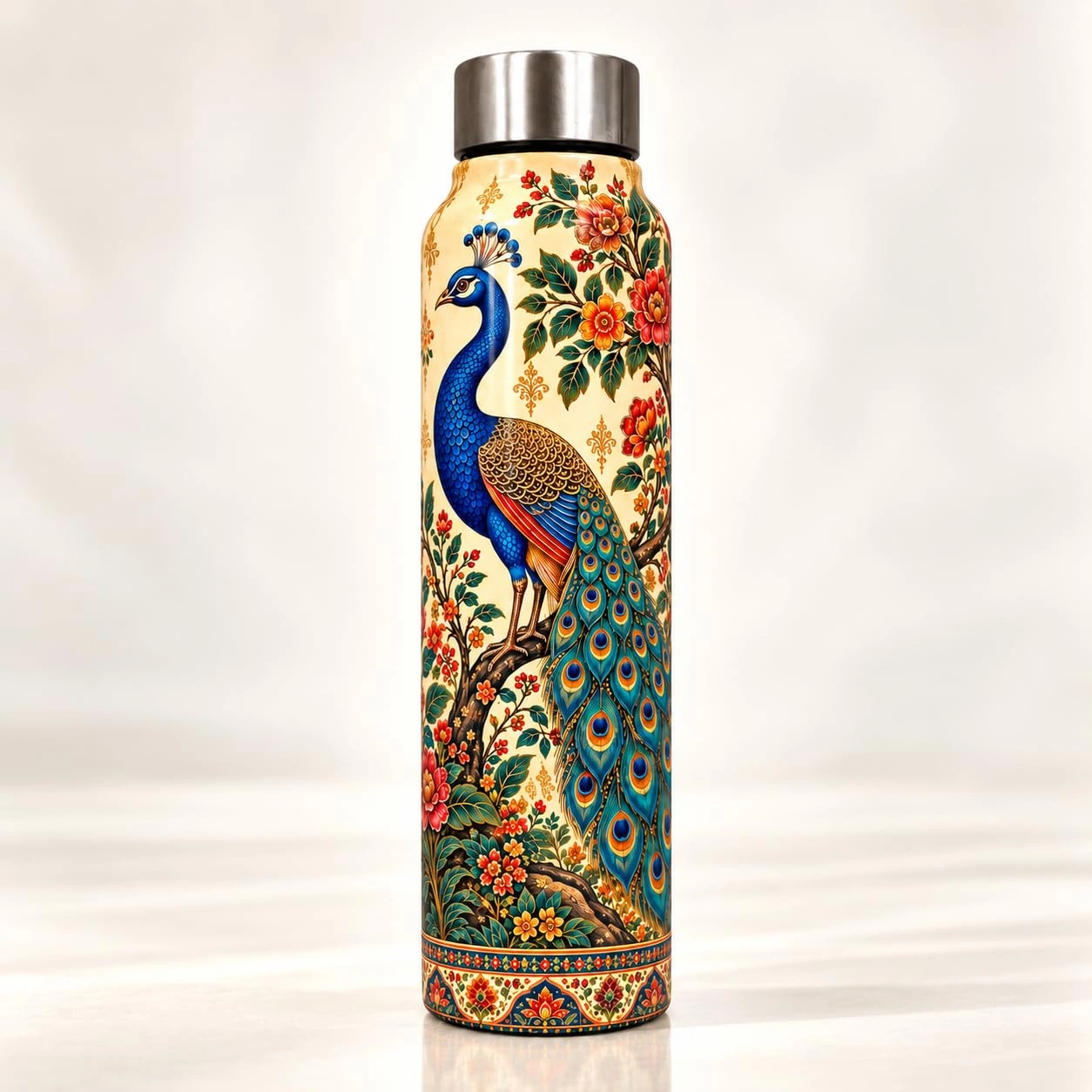 UNIQUE TOHFAA Peacock Printed Water Bottle, Traditional Floral Art Design with Stainless Steel Cap, Reusable Bottle for Office, School, College, Travel and Daily Use