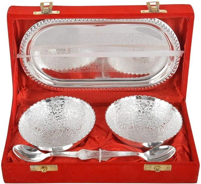 Unique Tohfaa Silver Plated Metal Bowl Set With Royal Velvet Box