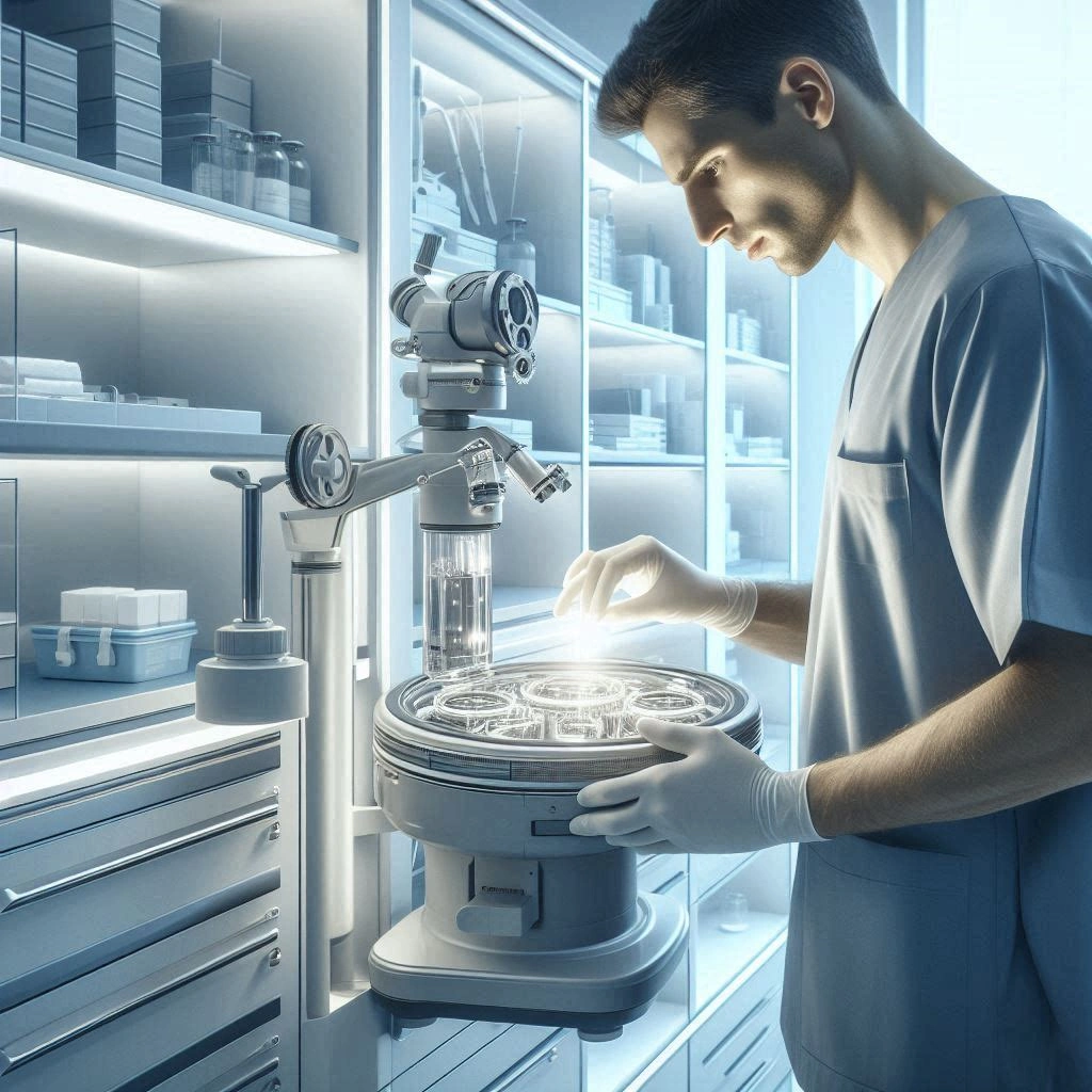 Technician performing maintenance and calibration on rental medical equipment