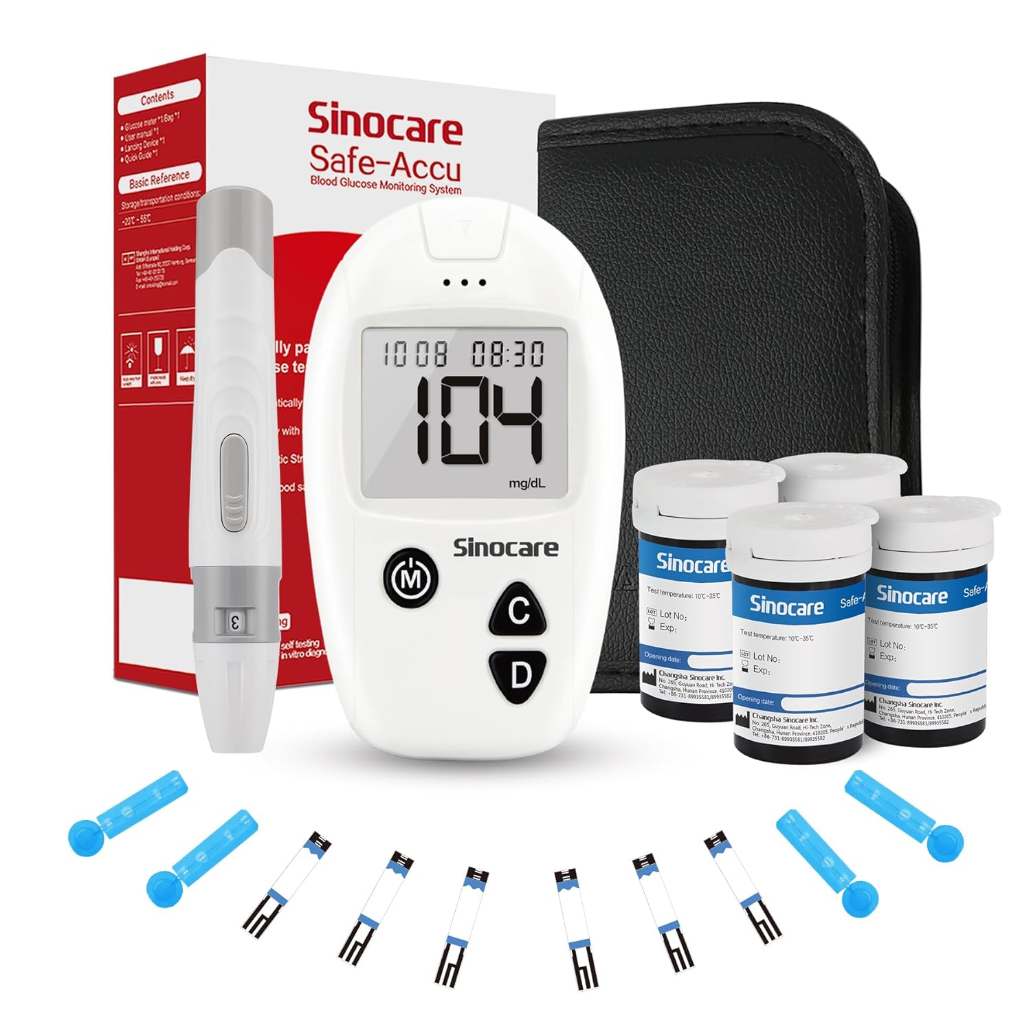 Sinocare Safe Accu Glucometer Machine with 100 Test Strips (50x2) & 100 Lancets | Blood Sugar Testing Machine for Diabetes | No Coding Glucose Monitor Kit | 10s Fast Result | Home Self Testing Kit