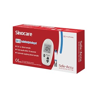 Sinocare Safe Accu Blood Glucose Test Strips Foil Pack, 50 Count with 50 Lancets | Compatible with Safe Accu Glucometer | Diabetic Test Strips for Home Sugar Testing & Daily Glucose Monitoring