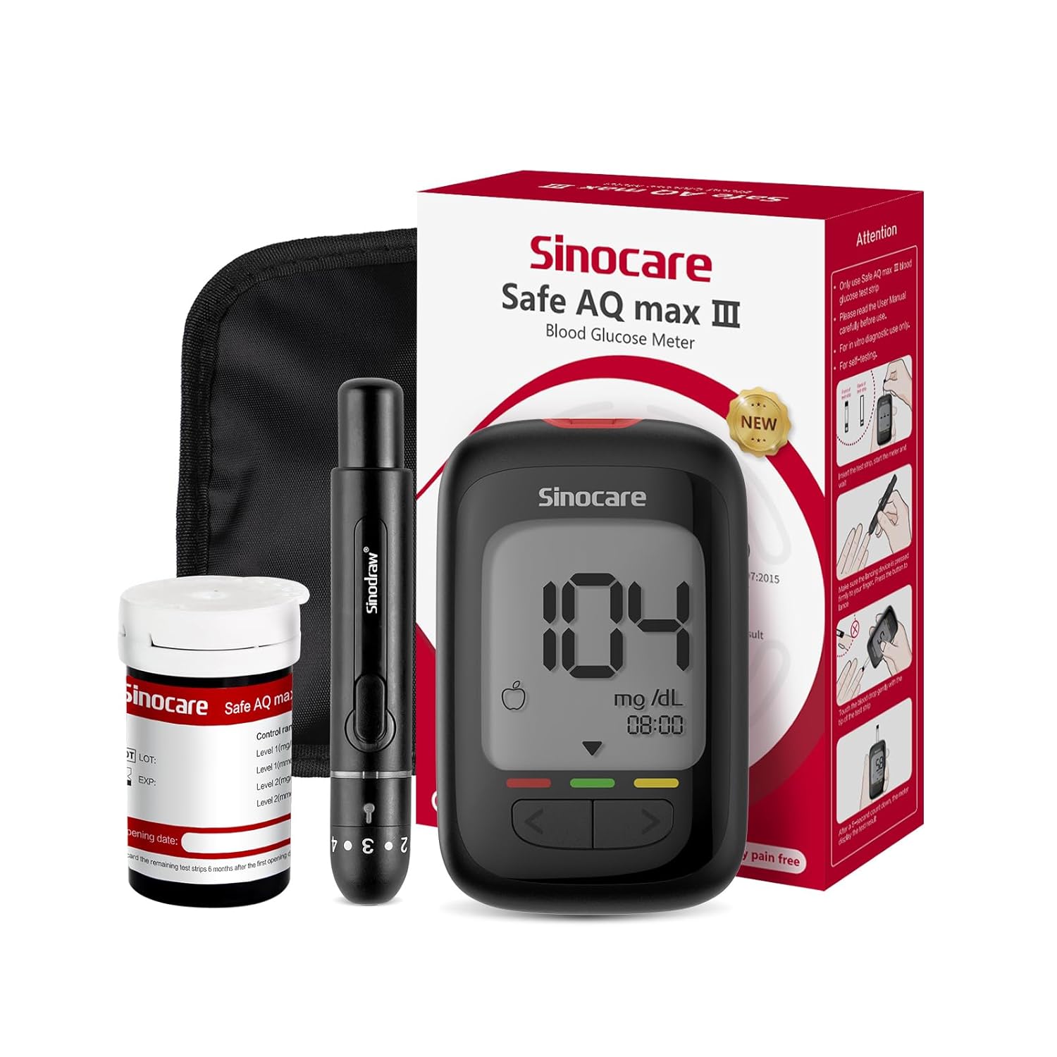 Sinocare Safe AQ Max III Smart Glucometer Machine with 10 Test Strips & 10 Lancets | 5s Fast Result | GDH-FAD Blood Sugar Monitor for Diabetes | No Coding Glucose Testing Kit | Large Display