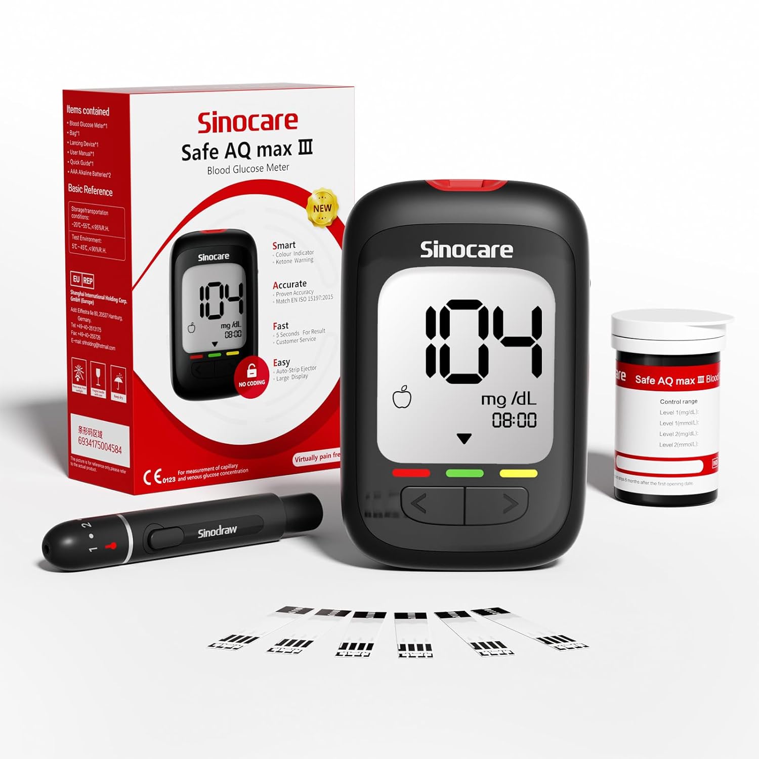 Sinocare Safe AQ Max III Smart Glucometer Machine with 25 Test Strips & 25 Lancets | 5s Fast Result | GDH-FAD Blood Sugar Monitor for Daily Diabetes Management | No Coding |Large Display