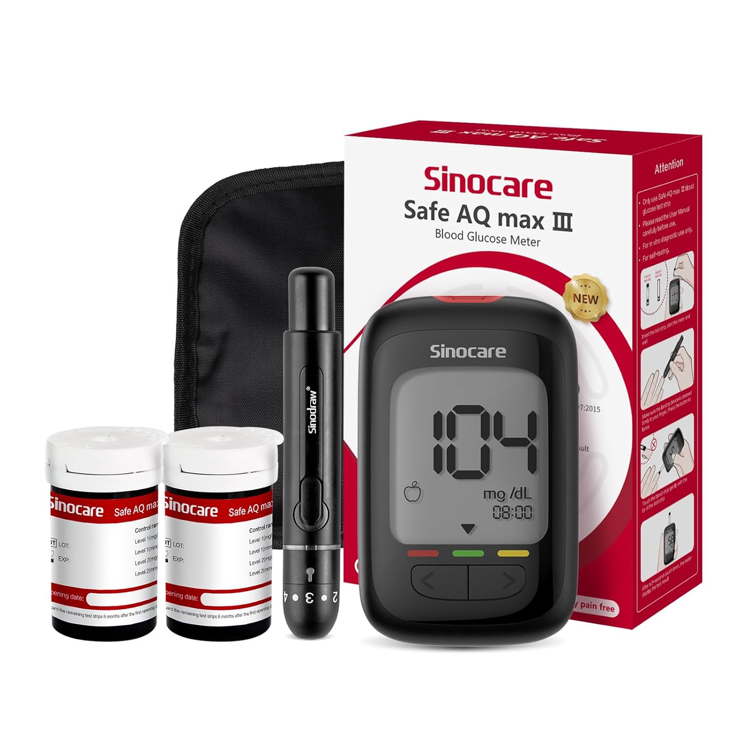 Sinocare Safe AQ Max III Smart Glucometer Machine with 50 Foil Packed Test Strips & 50 Lancets | 5s Fast Result | Large Display | GDH-FAD Blood Sugar Monitor for Daily Diabetes Management | No Coding