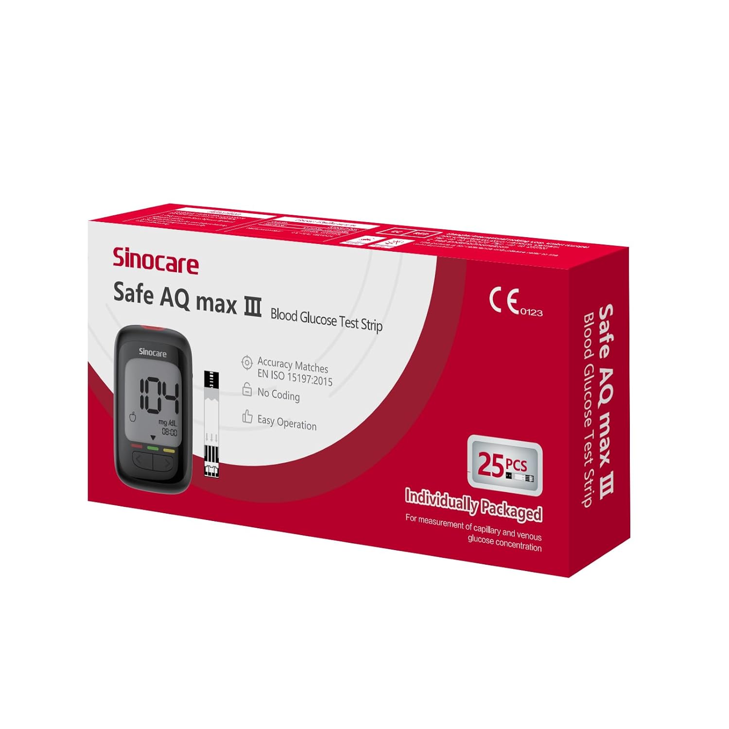 Sinocare Safe AQ Max III Blood Glucose Test Strips, 25 Foil-Wrapped Strips (Strips Only) | Compatible with Safe AQ Max III Glucometer | GDH-FAD Technology for Accurate Blood Sugar Monitoring