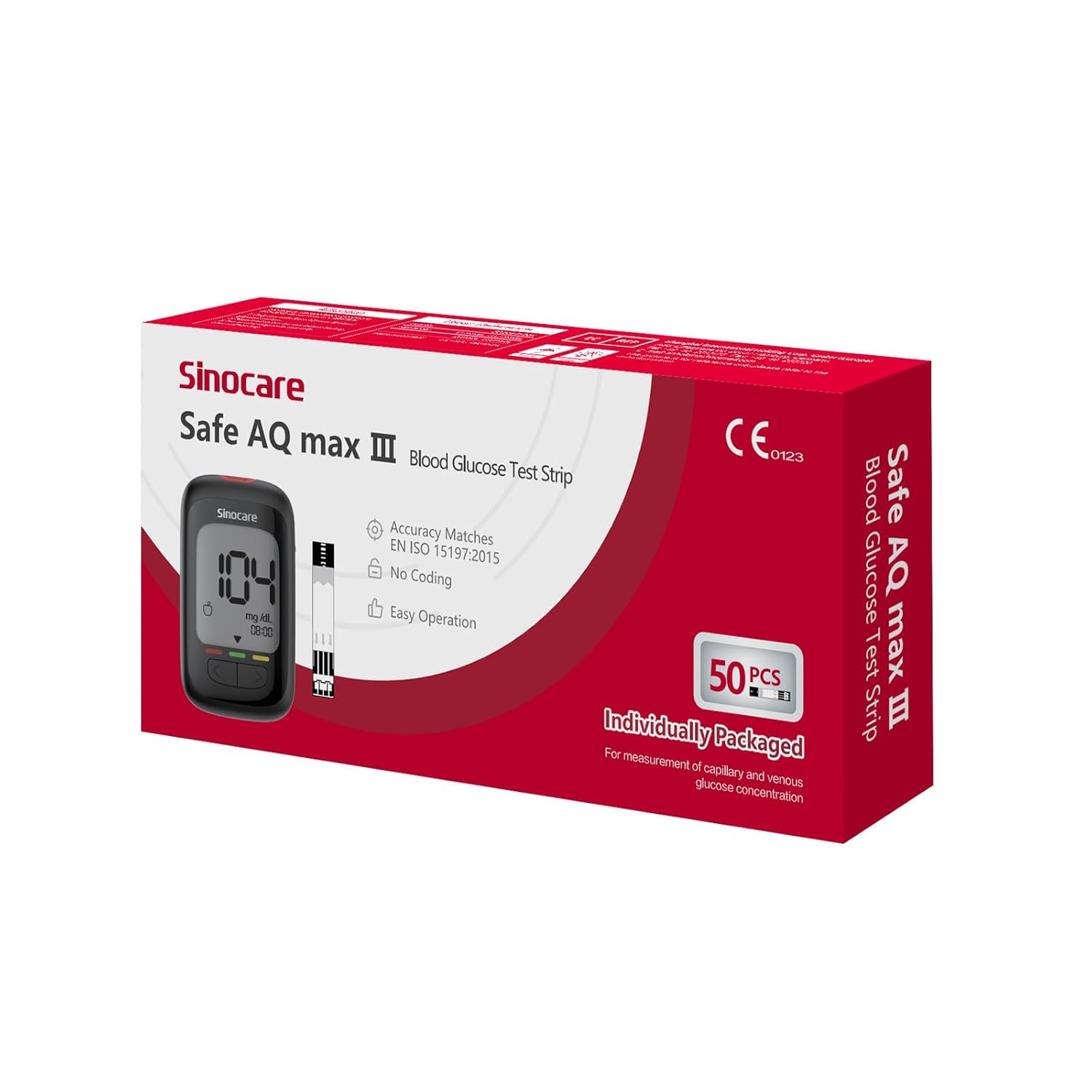 Sinocare Safe AQ Max III Blood Glucose Test Strips Foil Pack, 50 Count with 50 Lancets | Compatible with Safe AQ Max III Smart Glucometer | GDH-FAD Diabetic Test Strips for Daily Glucose Monitoring