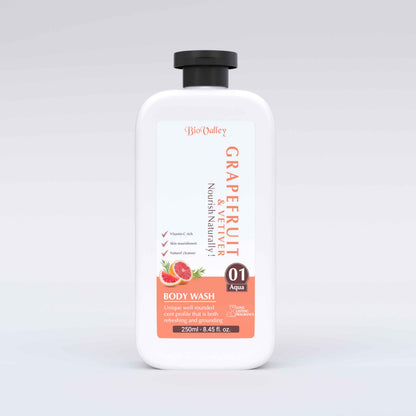 Grapefruit & Vetiver Body Wash - A refreshing daily cleansing body wash that gently removes impurities while maintaining skin hydration and freshness powered by Grapefruit Extract, Vetiver, Glycerine, and Vitamin E