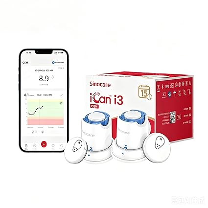 Sinocare iCan i3 CGM Glucose Monitor for Diabetes, 30-Day Continuous Glucose Monitoring System, Bluetooth Blood Sugar Monitor with App, No Finger Pricks, Real-Time Tracking Every 3 Minutes, 2 Sensors Pack
