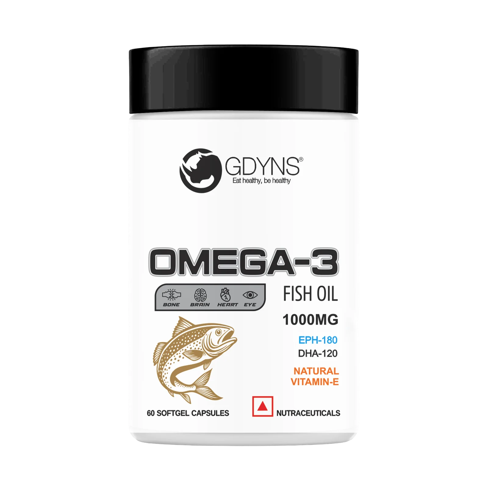 GDYNS Omega-3 Fish Oil 1000mg | 180mg EPA + 120mg DHA | Natural Vitamin E | Supports Heart, Brain & Joint Health | Fish Oil Softgel Capsules