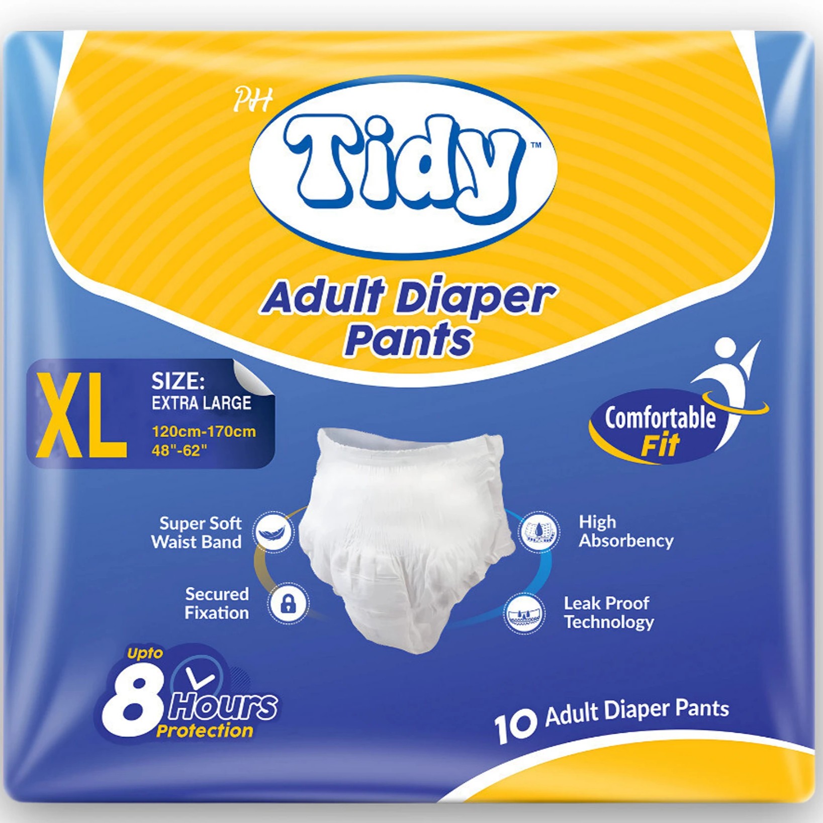 PH TIDY Pants Style Super Absorbent and Leak Proof | Unisex | Waist Size (48"-62") Adult Diapers - XL