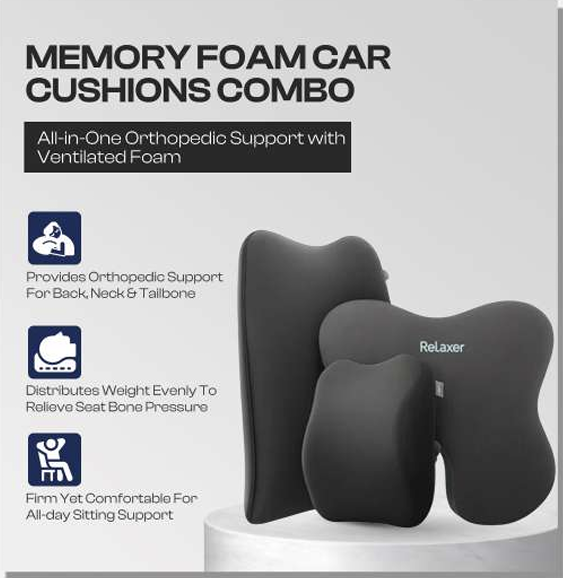 Relaxer Trio Car Comfort Memory Foam Cushions Combo