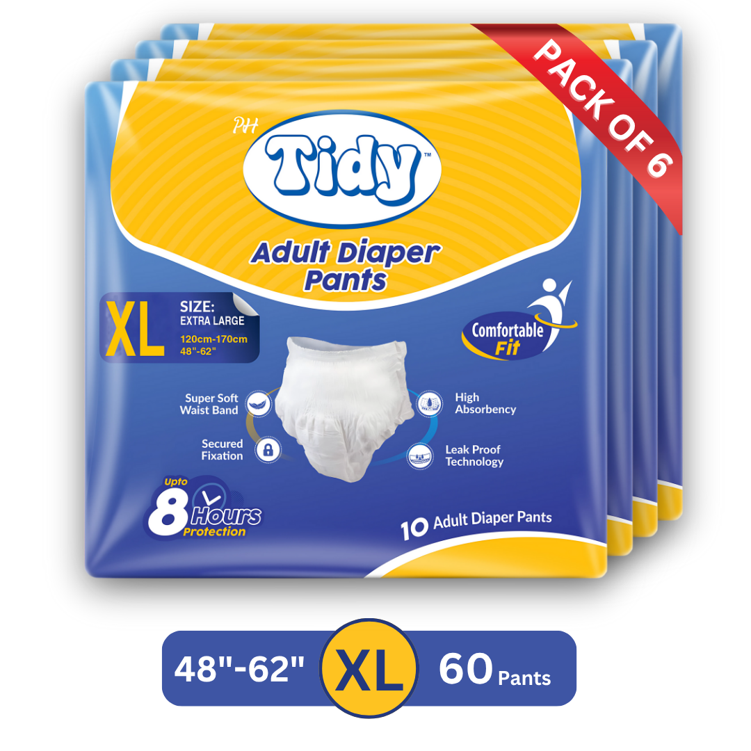 PH TIDY Pants Style Super Absorbent and Leak Proof | Unisex | Waist Size (48"-62") Adult Diapers - XL