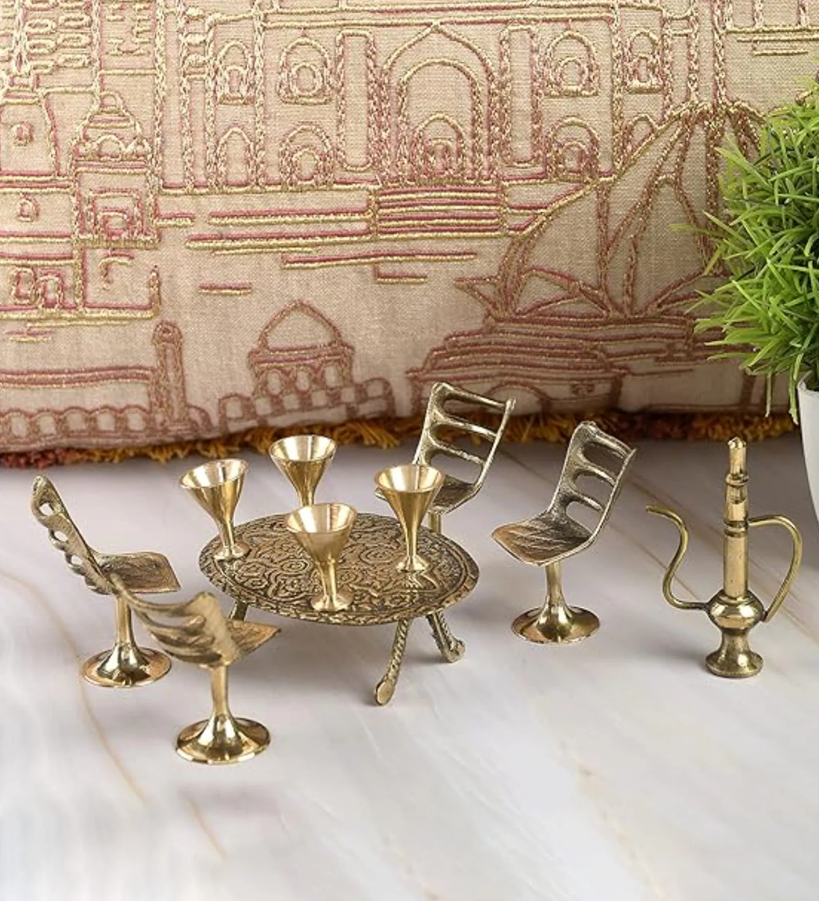 (Set of 10) Mini Chair & Table Set Brass Showpiece (Gold)