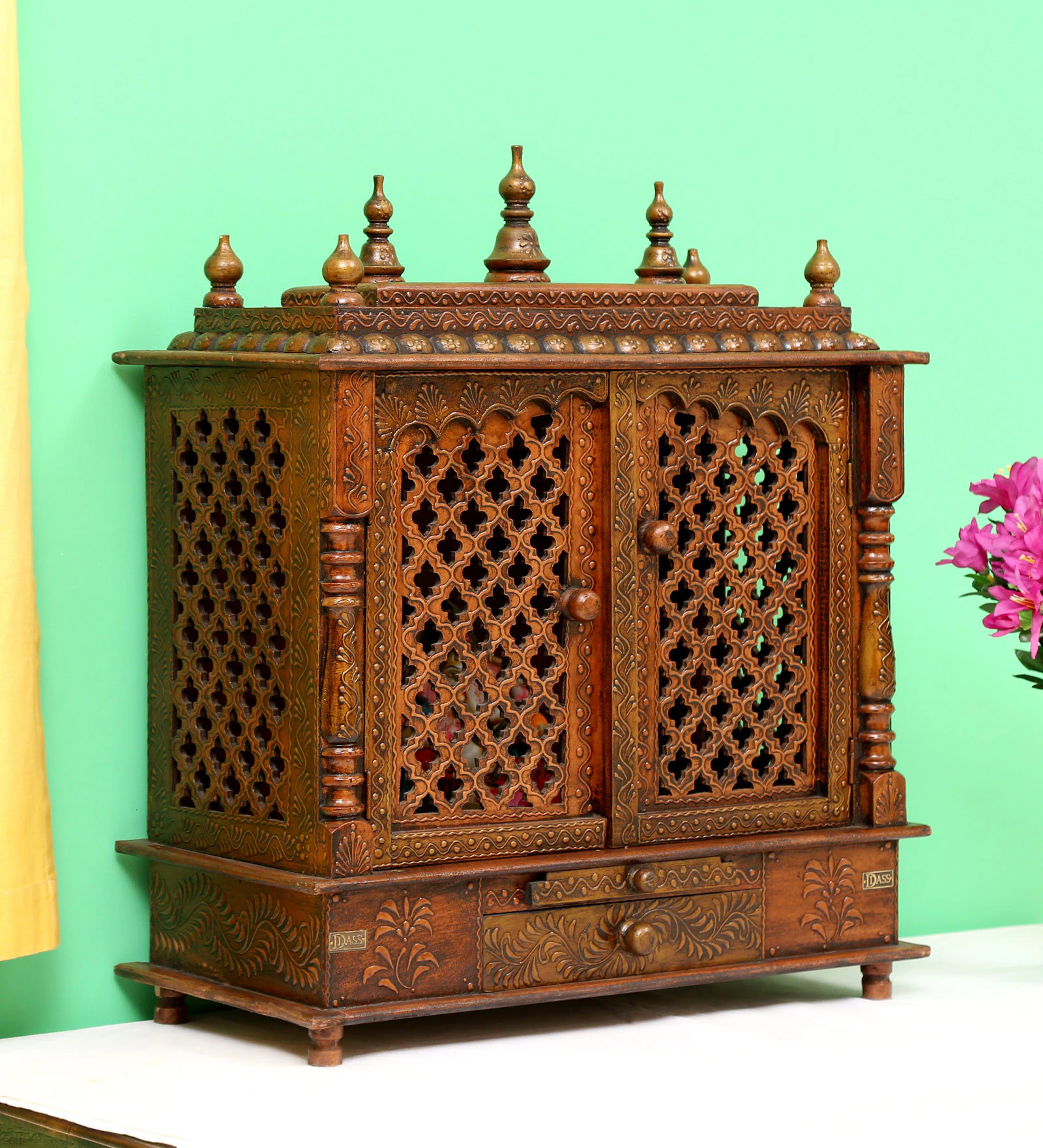 Copper Finish Sheesham Wood & MDF Floor Rested Mandir With Door