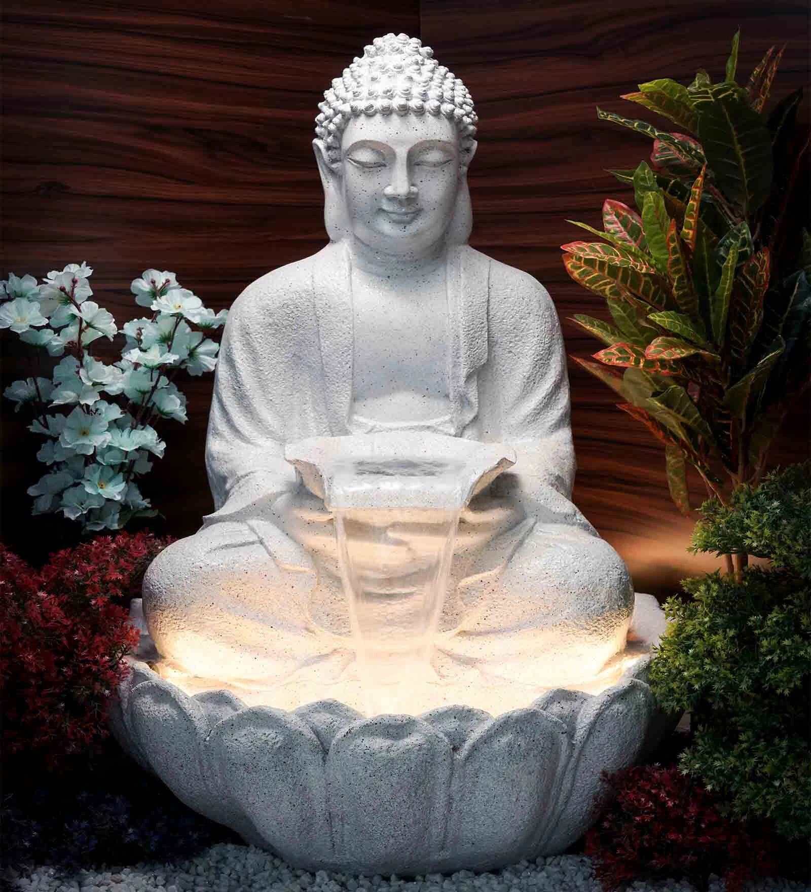 White Fiber Glass Avignon Lotus Buddha Indoor Water Fountain